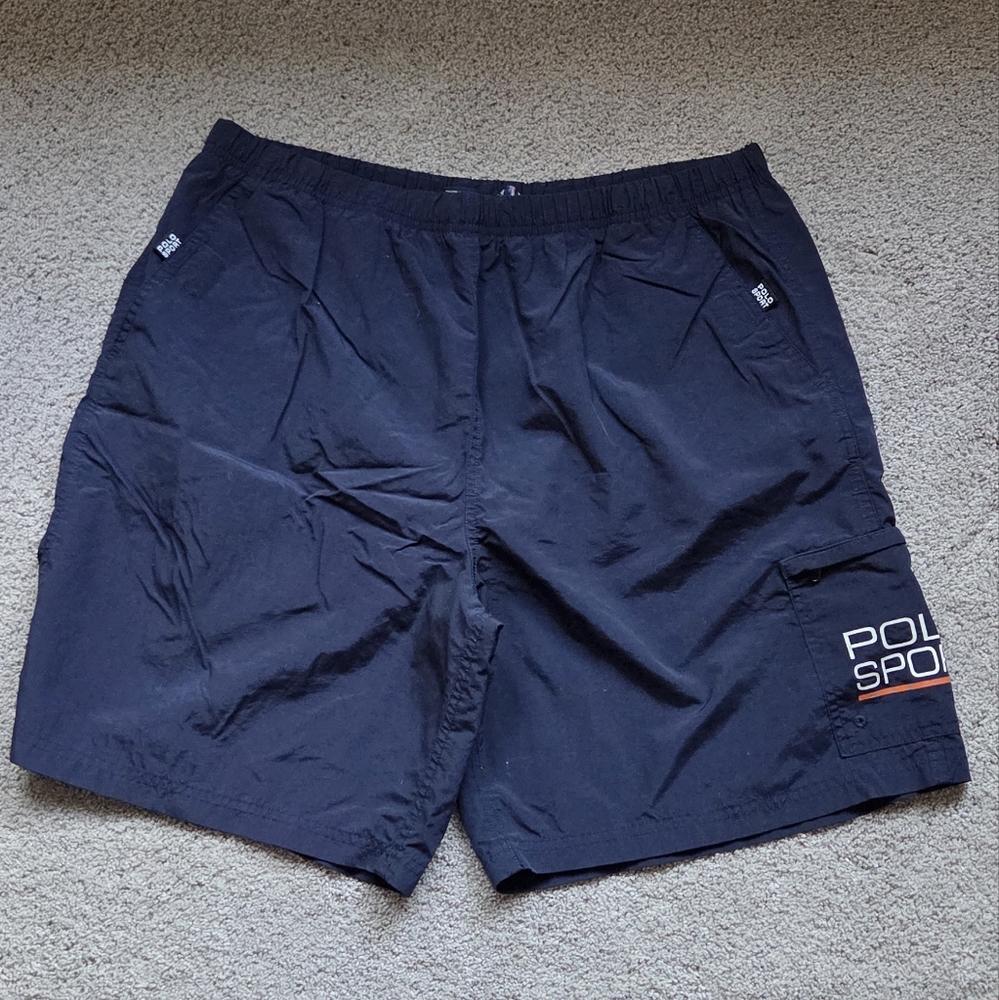 Vintage Polo Sport Men's Navy Blue Swim Trunks, Size Large, 90s